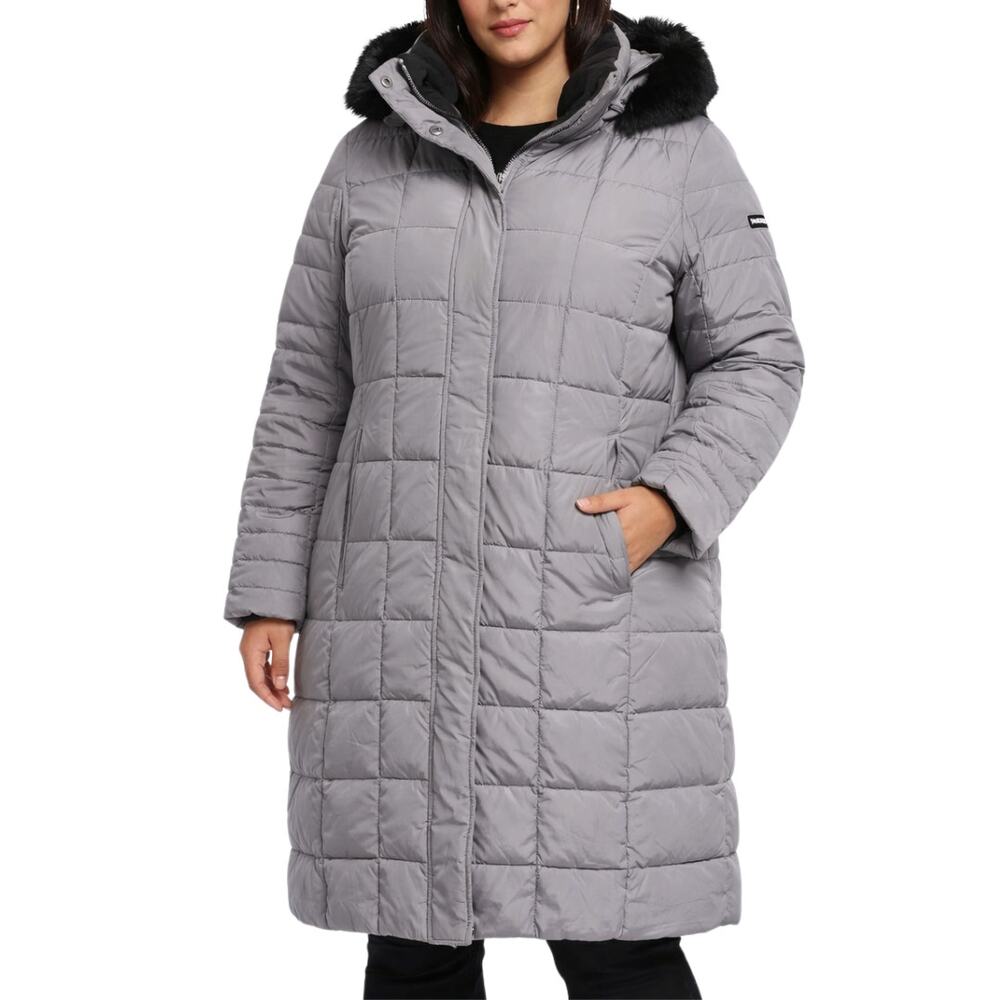 Calvin Klein Gray Duck Down Filled Long Puffer Hooded Coat Faux Fur Lining P XL